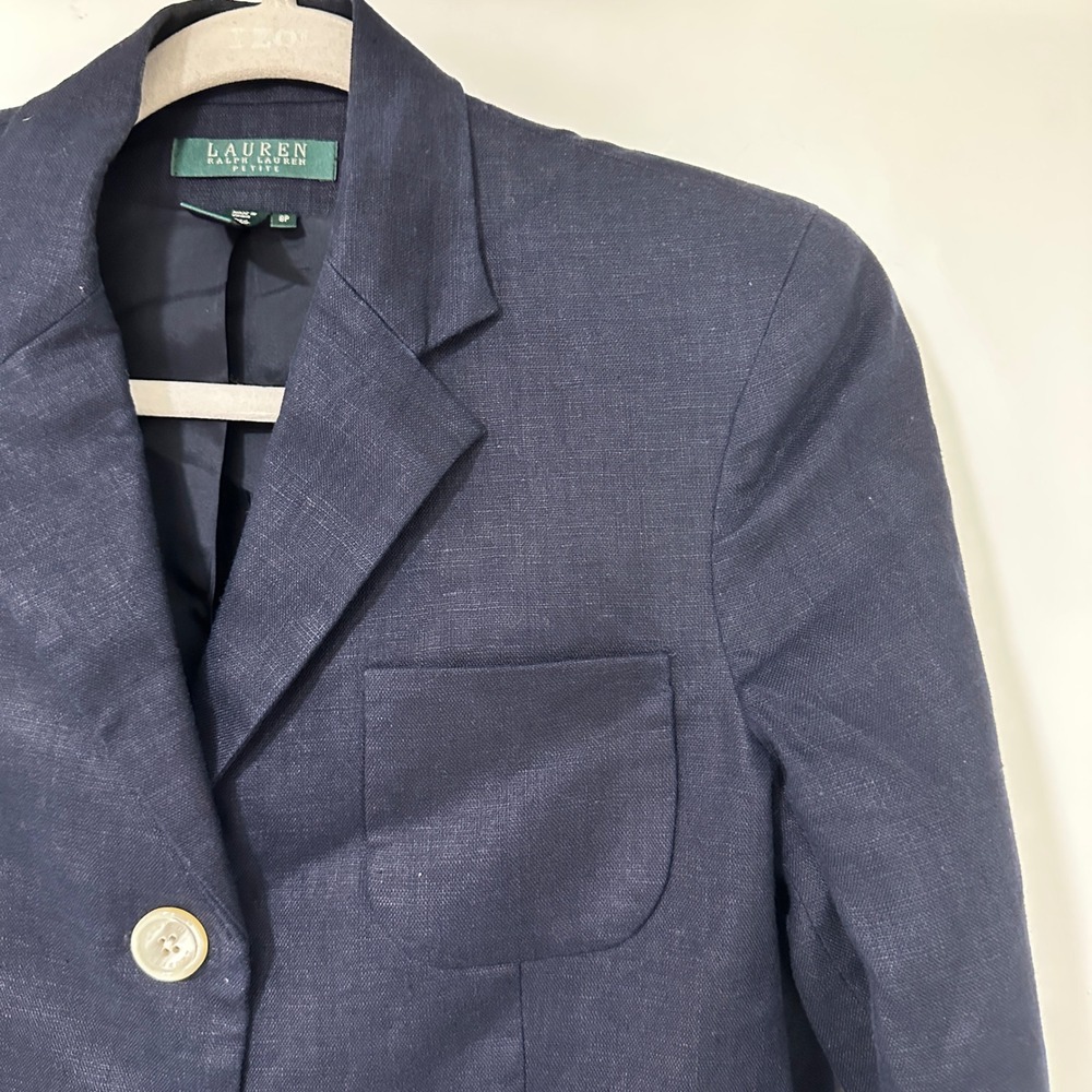 Lauren Ralph Lauren Womens 8P Navy 100% Linen Blazer Petite Patch Pockets